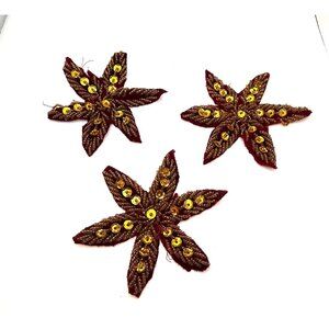 Vintage Beaded Sequin Star Appliqués Burgundy Gold Fabric Embellishments Set of